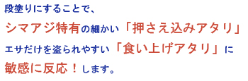段塗りにすることで、シマアジ特有の細かい「押さえ込みアタリ」や、
エサだけを盗られやすい「食い上げアタリ」に敏感に反応！します。